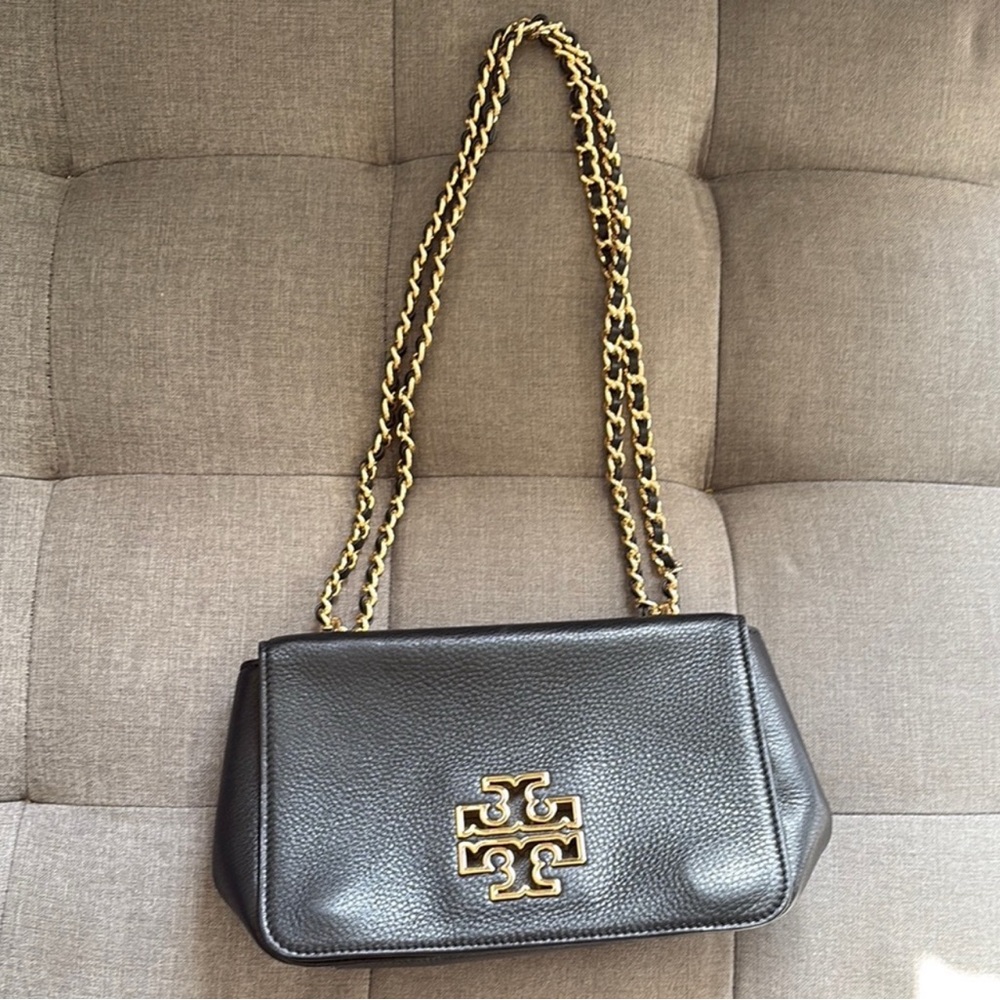 Tory Burch Black Leather Shoulder Bag with Gold Chain
